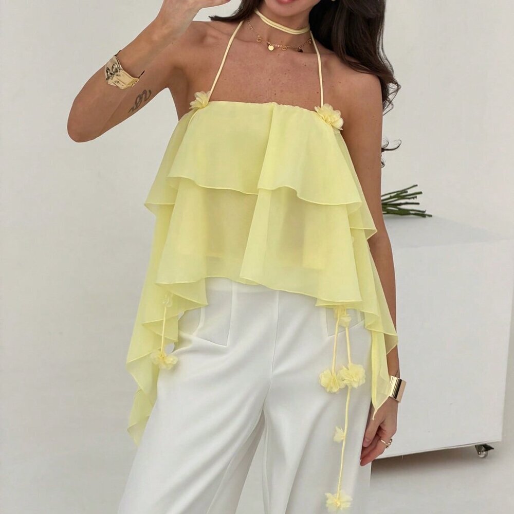 Yellow Casual Women's 3d Floral Decor Double Ruffle Trim Halter Neck Top